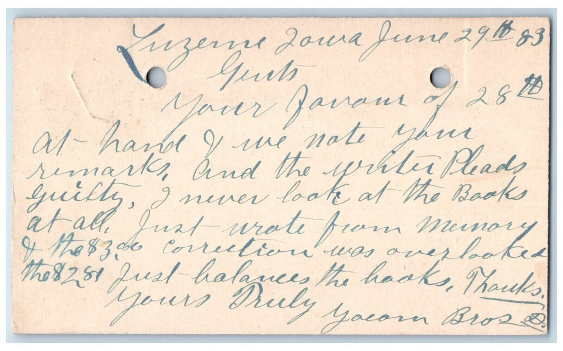 1883 Lumber Order Yacorn Bros. Luzerne Iowa IA Clinton IA Postal Card