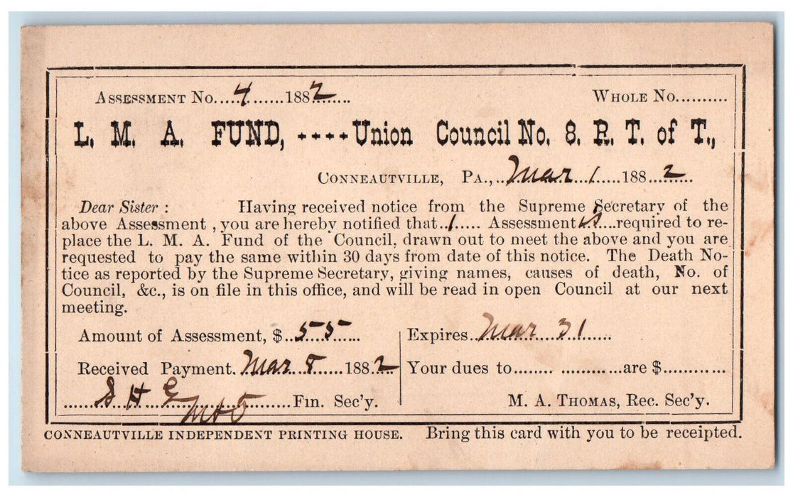 1882 L.M.A. Fund Union Council No 8 Assessment No 4 Conneautville PA Postal Card
