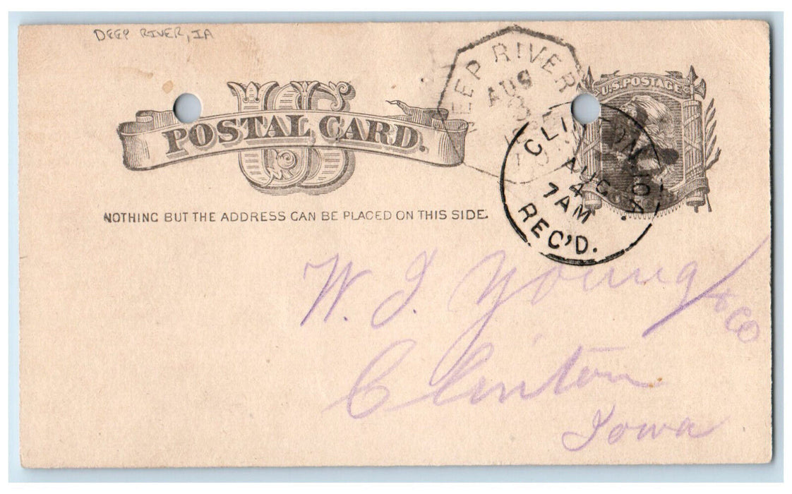 1885 Geo Cox WJ Young & Co. Deep River Iowa IA Clinton IA Postal Card