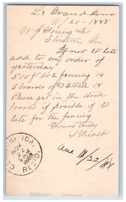 1888 Add Lumber Order WJ Young Le Grand IA Clinton IA Antique Postal Card