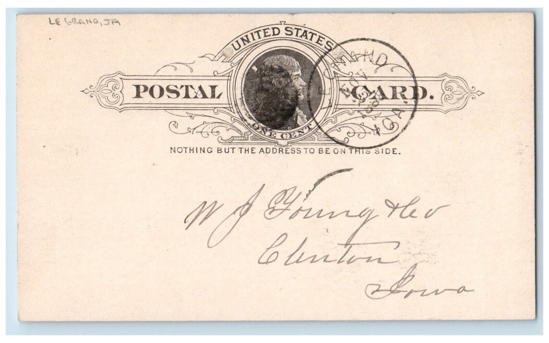1888 Add Lumber Order WJ Young Le Grand IA Clinton IA Antique Postal Card