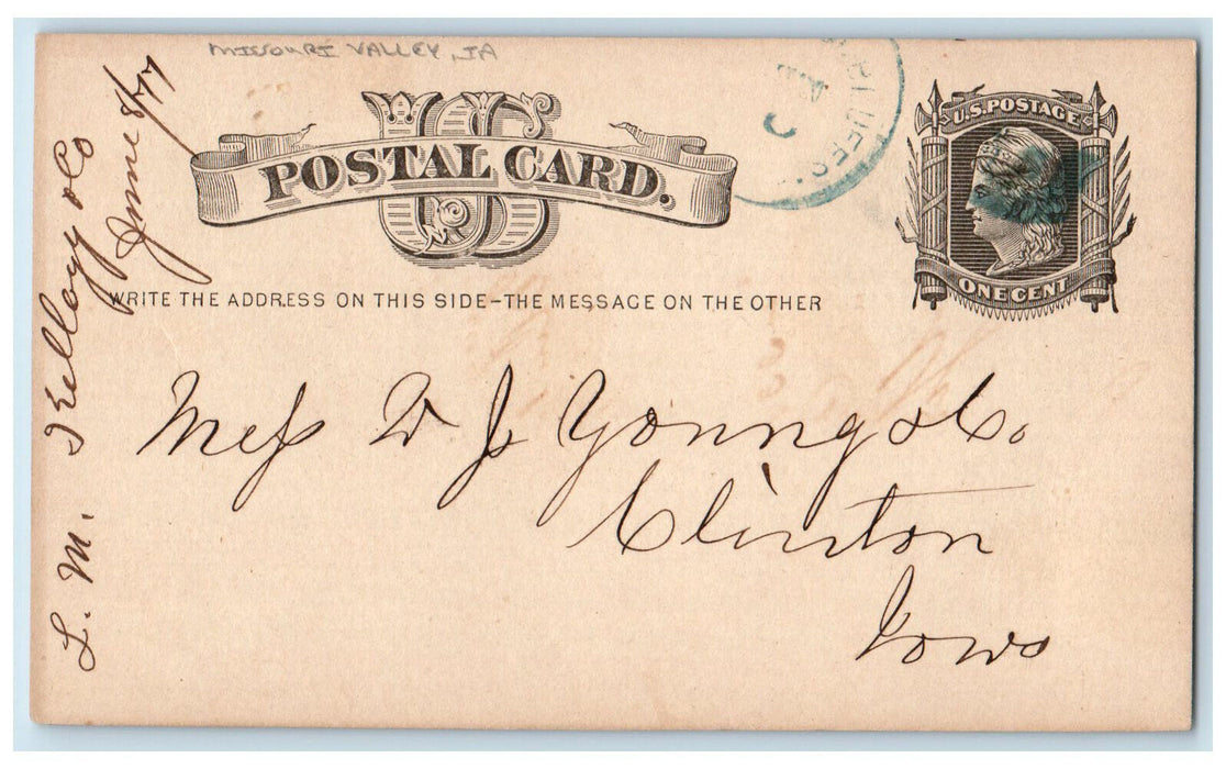 1877 Missouri Valley Iowa IA Clinton IA Blue Cancel Antique Postal Card