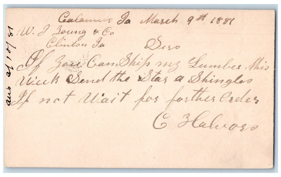 1881 Shingles Lumber WJ Young & Co. Clinton IA Calamus Iowa IA Postal Card