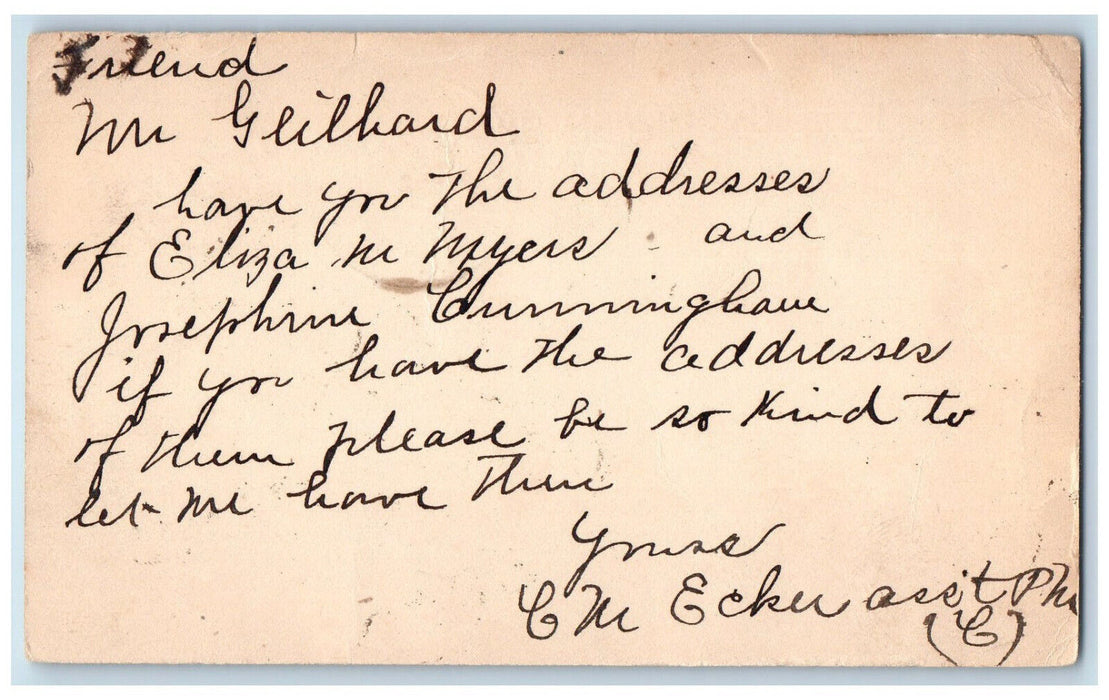 1898 Send Addresses Letter from CM Ecker Cragsmoor New York NY Postal Card