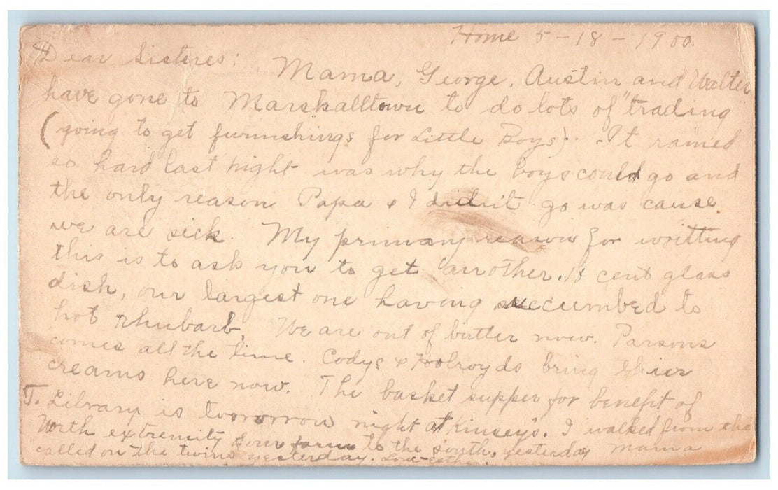 1900 Miss Alice Lewis Marshalltown Iowa IA Des Moines IA PMC Postal Card