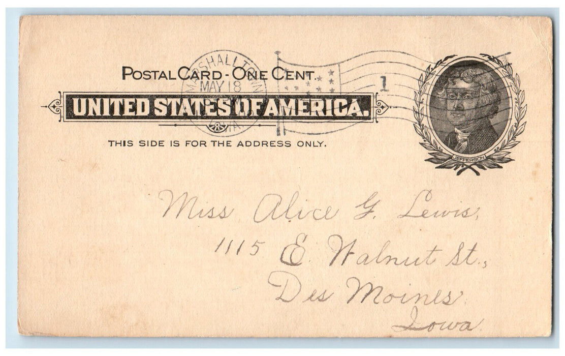 1900 Miss Alice Lewis Marshalltown Iowa IA Des Moines IA PMC Postal Card