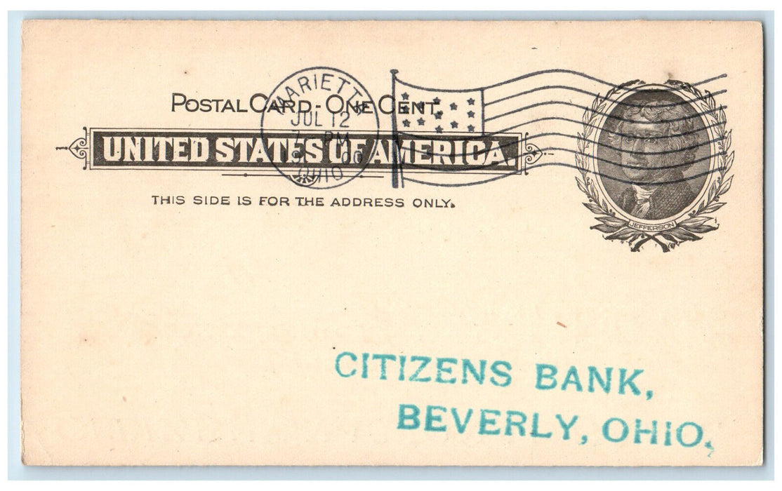 1900 Citizens National Bank Marietta Ohio OH Antique Posted Postal Card