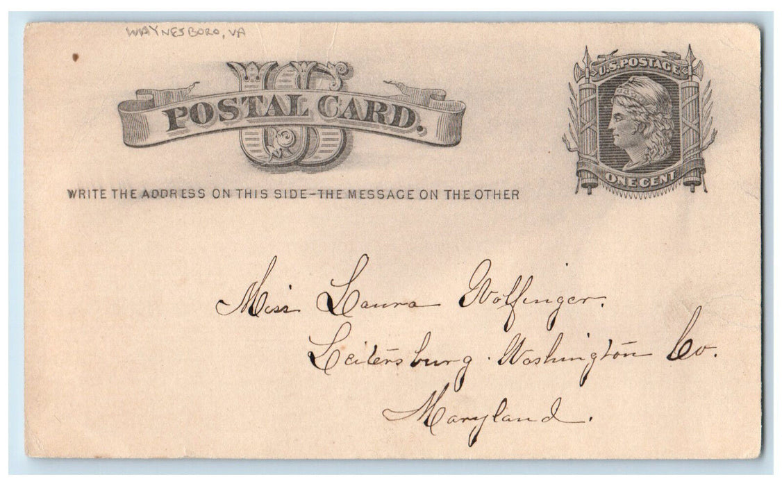 1881 Letter to Old Sal Waynesboro Virginia VA Maryland MD Postal Card