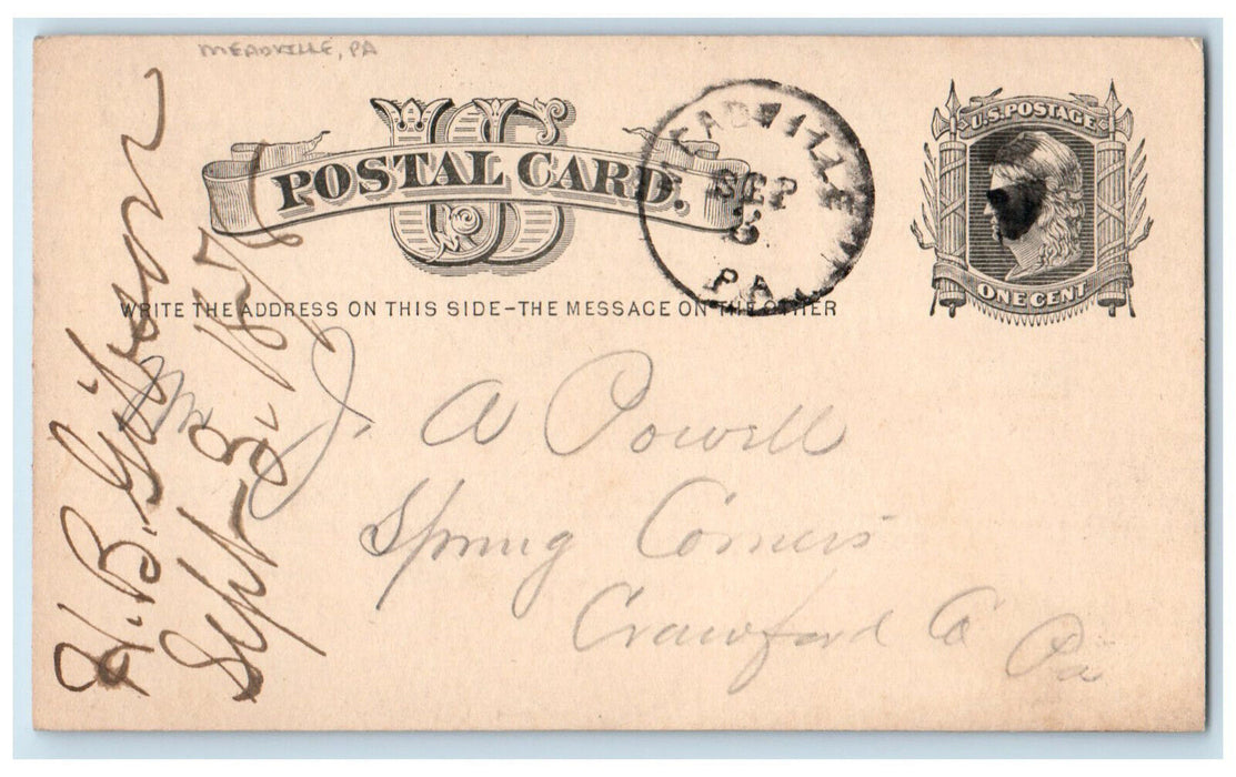 1878 Information Gathered Meadville Pennsylvania PA Crawford Co. PA Postal Card