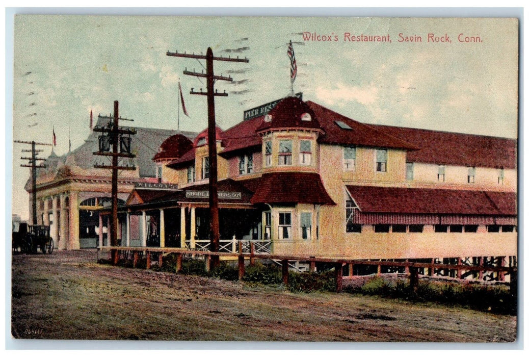 1908 Wilcox's Restaurant Building Dirt Road Carriage Flag Savin Rock CT Postcard