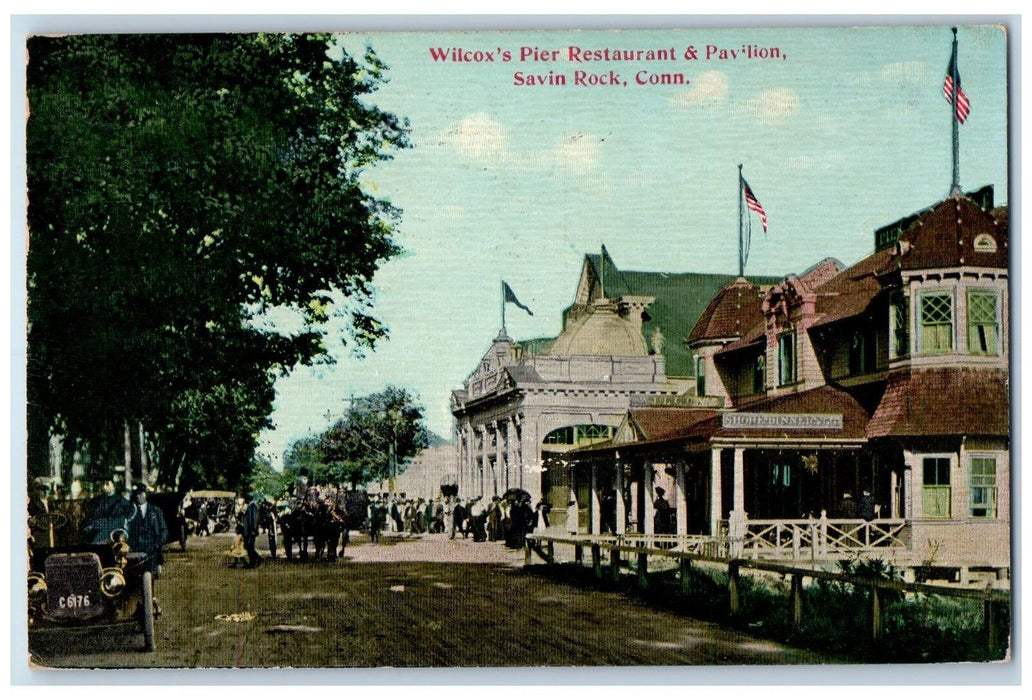1911 Wilcox's Pier Restaurant & Pavilion Dirt Road Cars Savin Rock CT Postcard