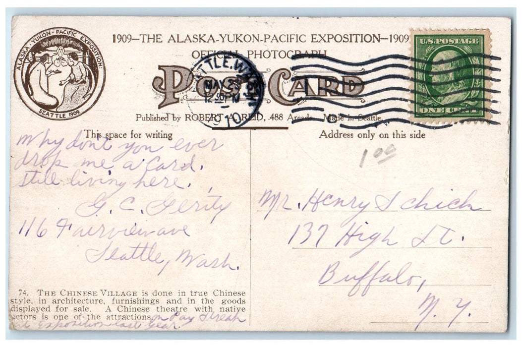 1910 Chinese Village People View Seattle Washington WA Posted Vintage Postcard