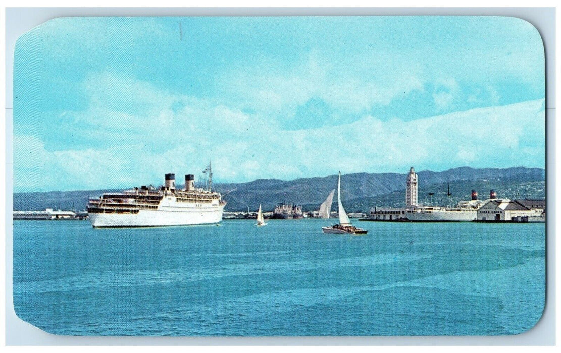 c1960 Aloha Tower Honolulu Harbor Boat Day Steamer Ship Cruise Hawaii Postcard