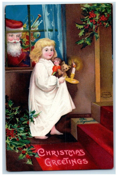 Christmas Greetings Santa Claus On The Window Girl With Toys Candle Postcard