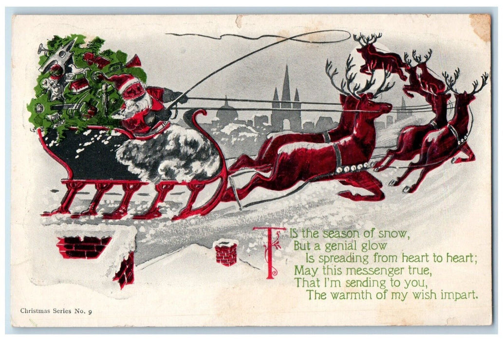 c1905 Christmas Santa Claus And Reindeer Sleigh Chimney Winter Embossed Postcard