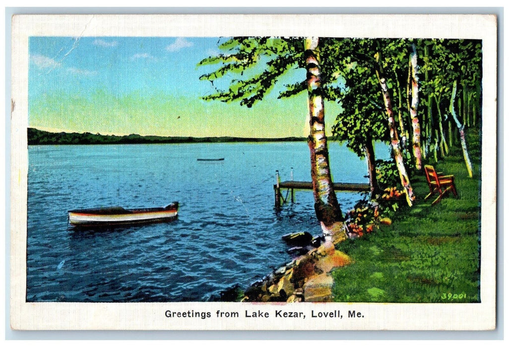 1938 Greetings From Lake Kezar Canoe Boat Scene Lovell Maine ME Posted Postcard