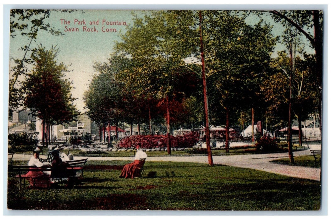 1909 The Park & Fountain Ladies On Bench Pathways Grove Savin Rock CT Postcard