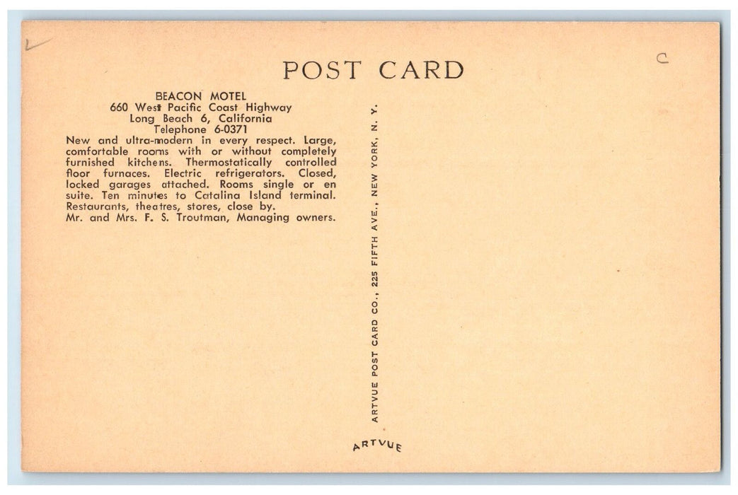 c1950 Beacon Motel West Pacific Coast View Restaurant  Long Beach 6 CA Postcard