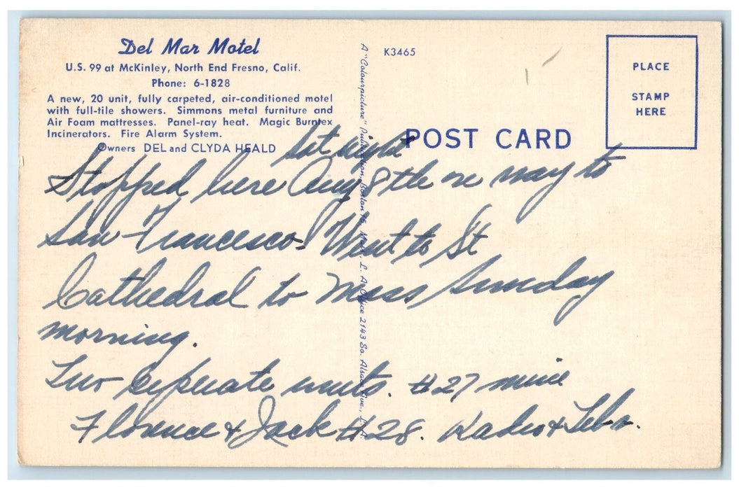 c1950 Del Mar Motel Restaurant Entrance North End Fresno California CA Postcard