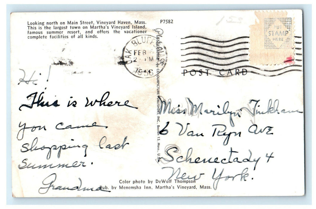 1956 Looking North Main Street Martha's Vineyard Haven Massachusetts MA Postcard
