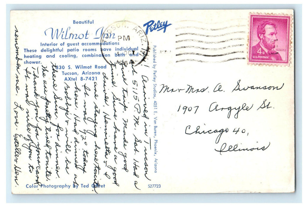 1964 Interior of Guest Accomodation Wilmot Inn Tucson Arizona AZ Postcard