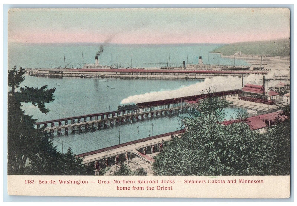 1940s Great Northern Railroad Docks Steamers Orient Seattle WA Unposted Postcard