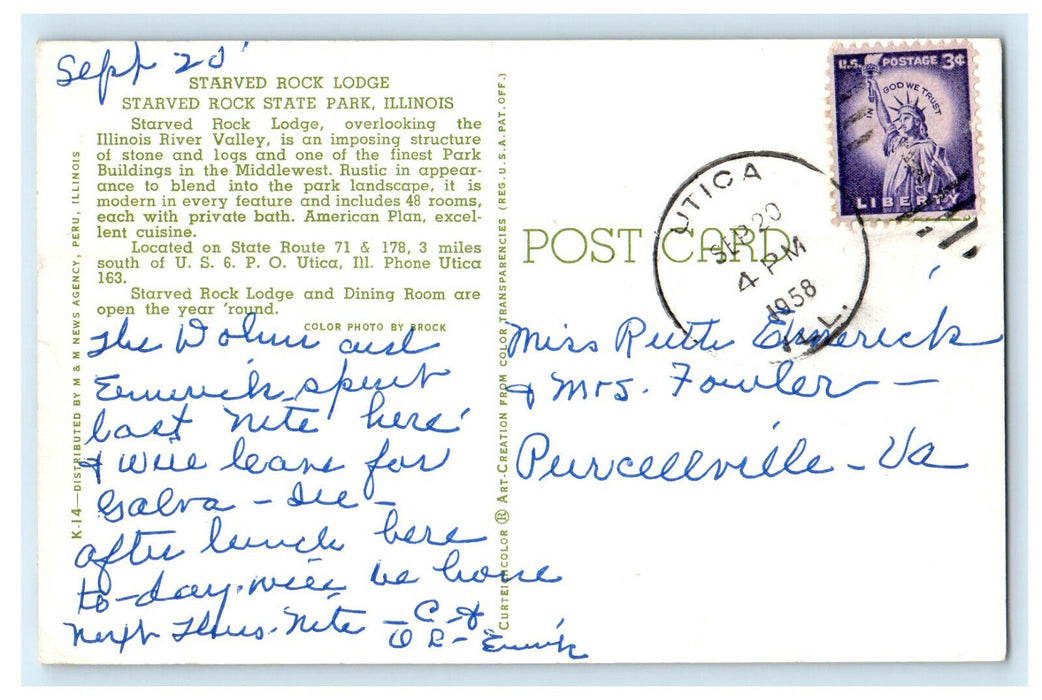 1958 Starved Rock Lodge Starved Rock State Park IL, Utica IL Posted Postcard