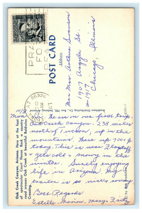 1967 Court House Rock Oak Creek Canyon Arizona AZ Cancel Postcard