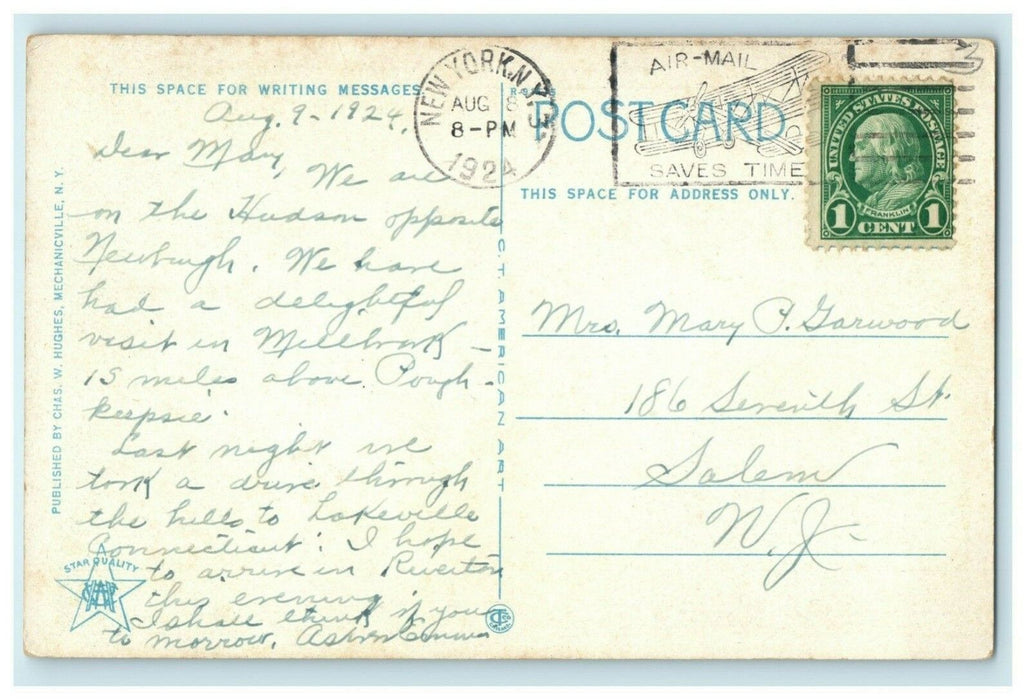 1924 Hudson River From Storm King Highway New York NY Airplane Cancel Postcard