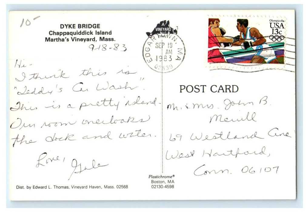 1983 Dyke Bridge, Martha's Vineyard, Massachusetts MA Postcard