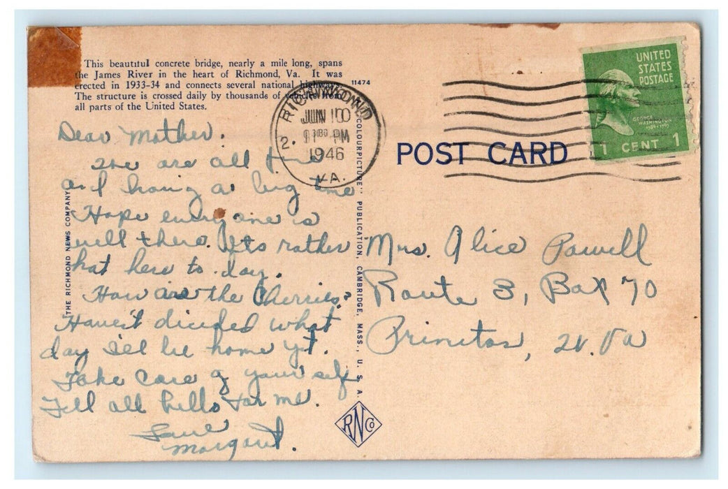 1946 Robert E. LEE Bridge Richmond Virginia VA Posted Vintage Postcard