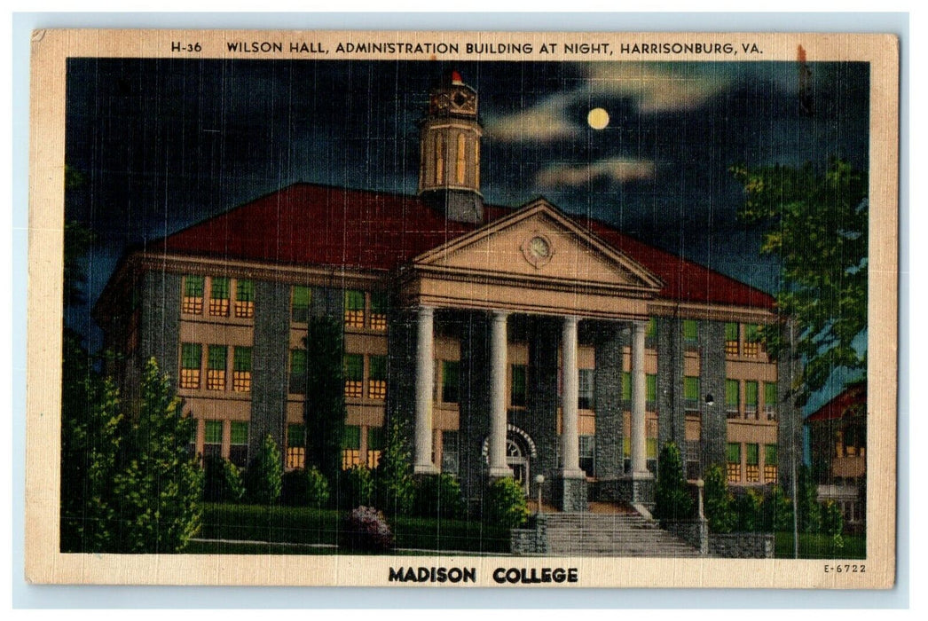 1952 Wilson Hall Madison College Moon At Night Harrisonburg Virginia VA Postcard