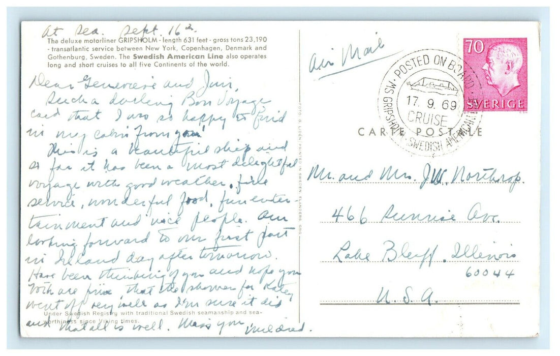 1969 Swedish American Line Gripsholm Steamer Ship Transatlantic Service Postcard