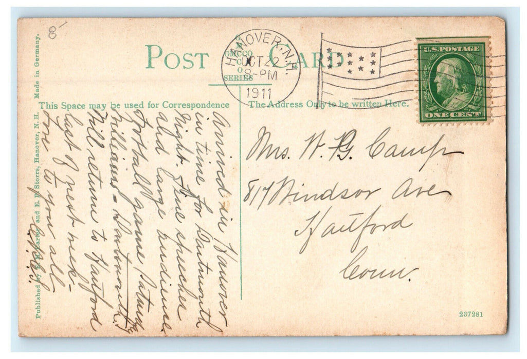 1911 Rollins Chapel, Dartmouth College Hanover New Hampshire NH Posted Postcard