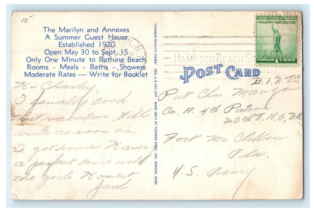 1942 The Marilyn - 17 Hampton Beach New Hampshire NH Advertising Postcard