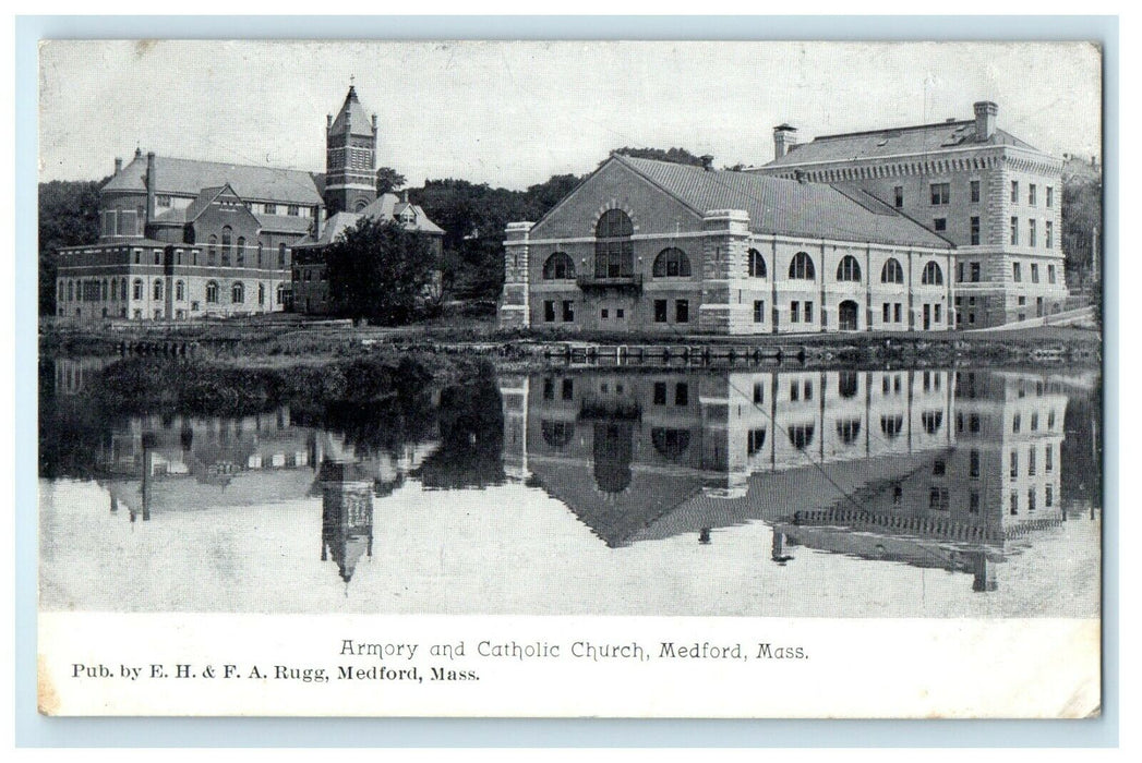 1906 Armory and Catholic Church, Medford, Massachusetts MA Postcard