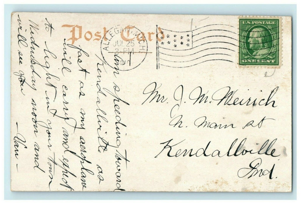 1910 The Island Above Allegan Michigan MI Airplane Kendallville Indiana Postcard