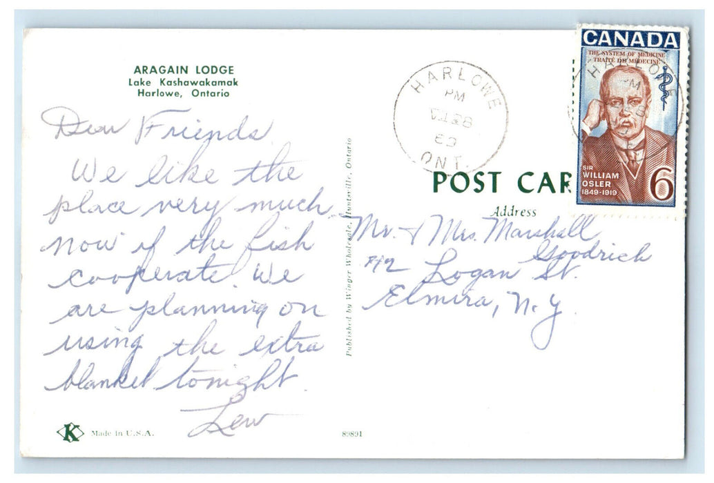 c1960s Aragain Lodge Lake Kashawakamak Harlowe, Ontario Canada Postcard