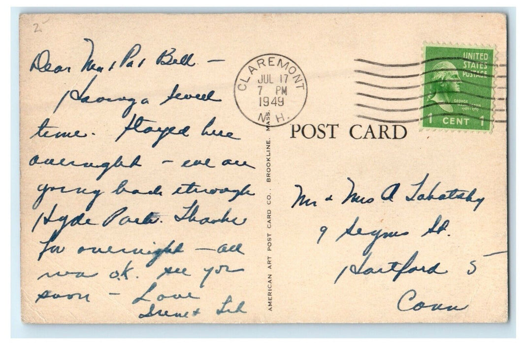 1949 The Colonial Hotel Claremont New Hampshire NH Posted Vintage Postcard