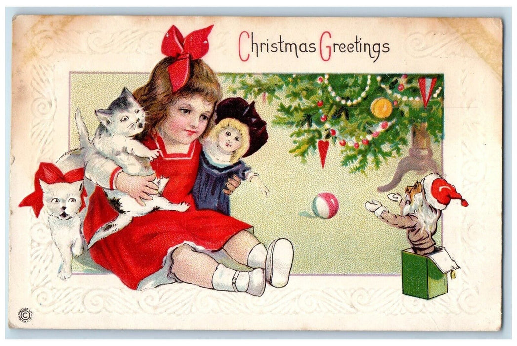 c1910's Christmas Greetings Girl Cats And Toy Jack In Box Embossed Postcard