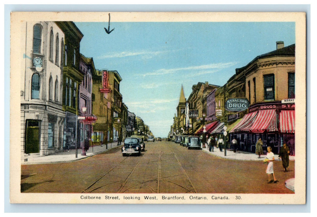 c1920s Colborne Street Looking West, Brantford Ontario Canada Postcard