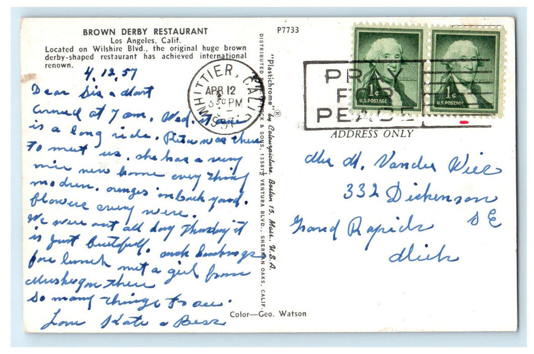 1957 Brown Derby Restaurant Los Angeles California CA Cancel Postcard