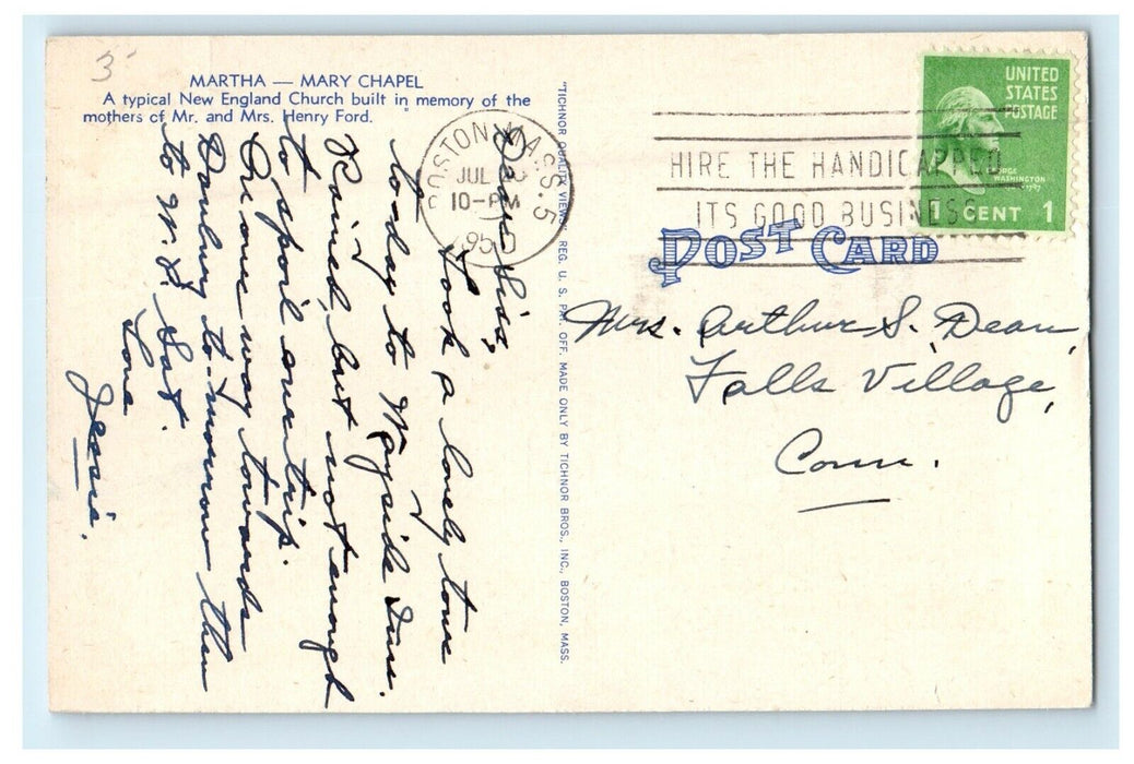 1950 Mary Chapel Wayside Inn South Sudbury, Massachusetts MA Cancel Postcard