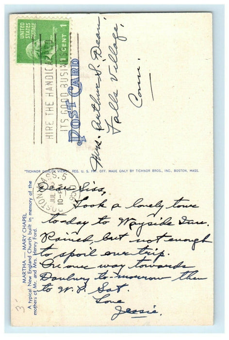 1950 Mary Chapel Wayside Inn South Sudbury, Massachusetts MA Cancel Postcard