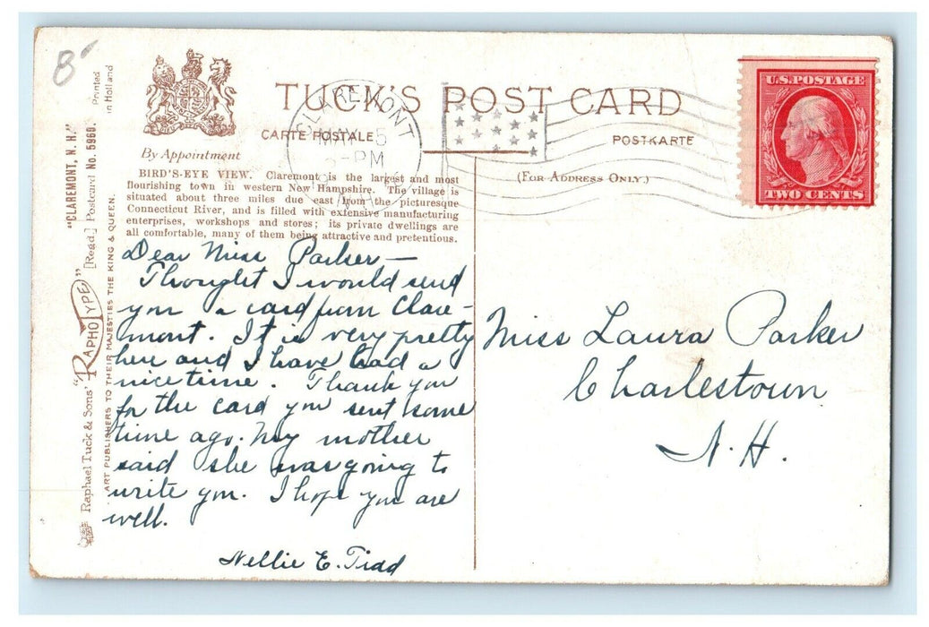 1910 Tuck's Bird's Eye View Of Claremont New Hampshire NH Antique Postcard