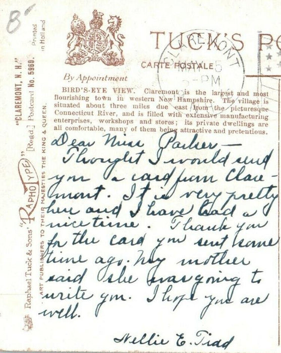 1910 Tuck's Bird's Eye View Of Claremont New Hampshire NH Antique Postcard