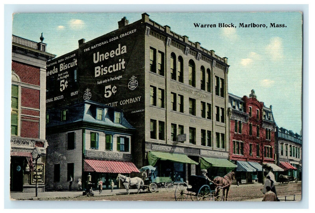 1915 Warren Block, Marlboro, Massachusetts MA Antique Posted Postcard