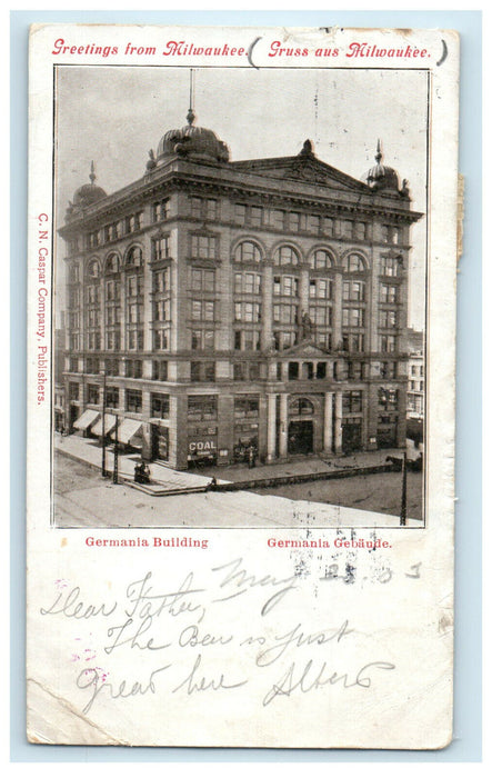 1903 Germania Building, Greetings From Milwaukee WI PMC Posted Antique Postcard