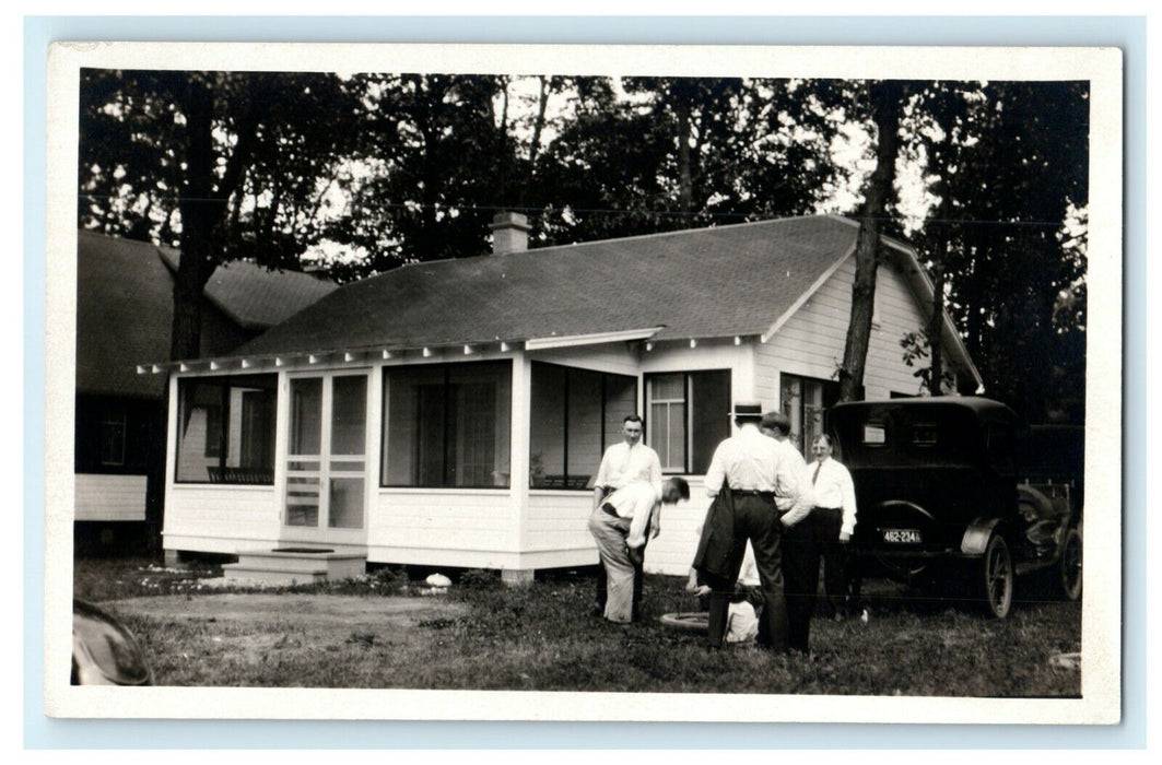 1925 Family at Illinois IL Lake Cabin Antique Cars Posted RPPC Photo Postcard