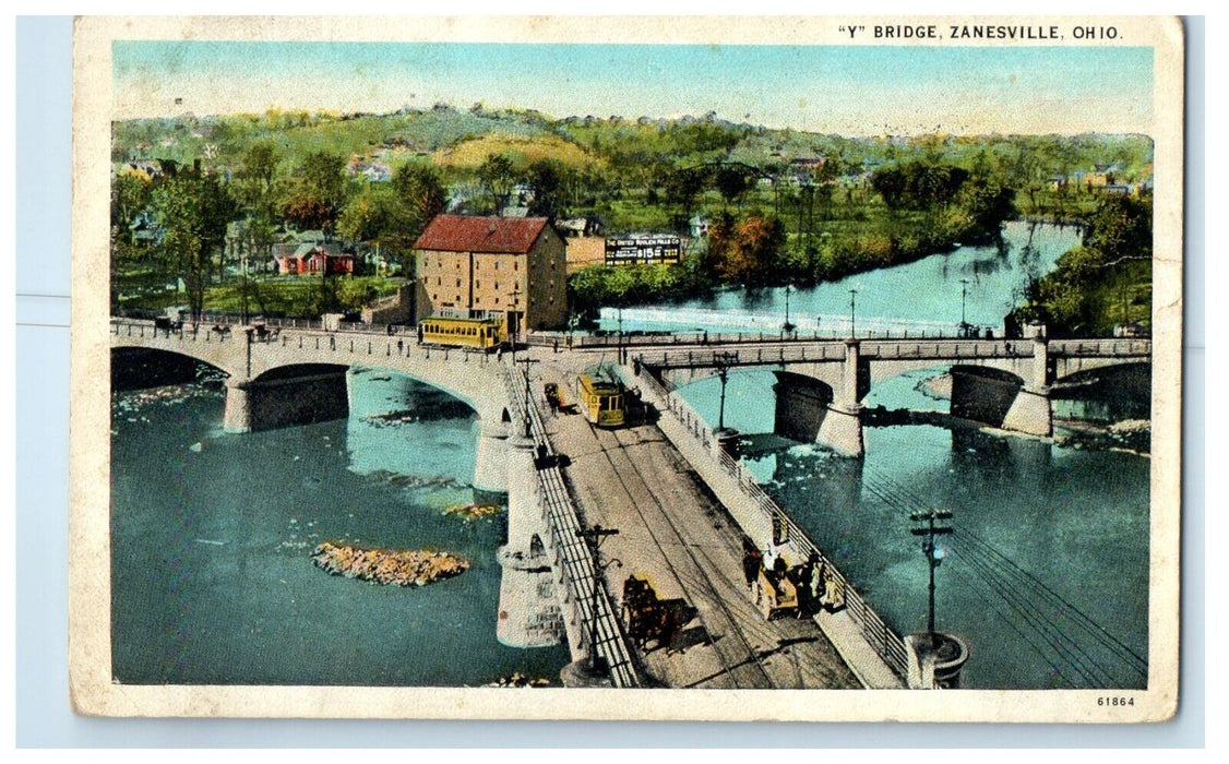 1963 Y Bridge Trolley Trains Zanesville Ohio OH Unposted Vintage Postcard